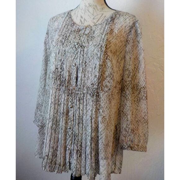 Talbots Sheer Blouse Animal Print Brown Beige Button Up Long Sleeve Fits Large - Picture 1 of 10
